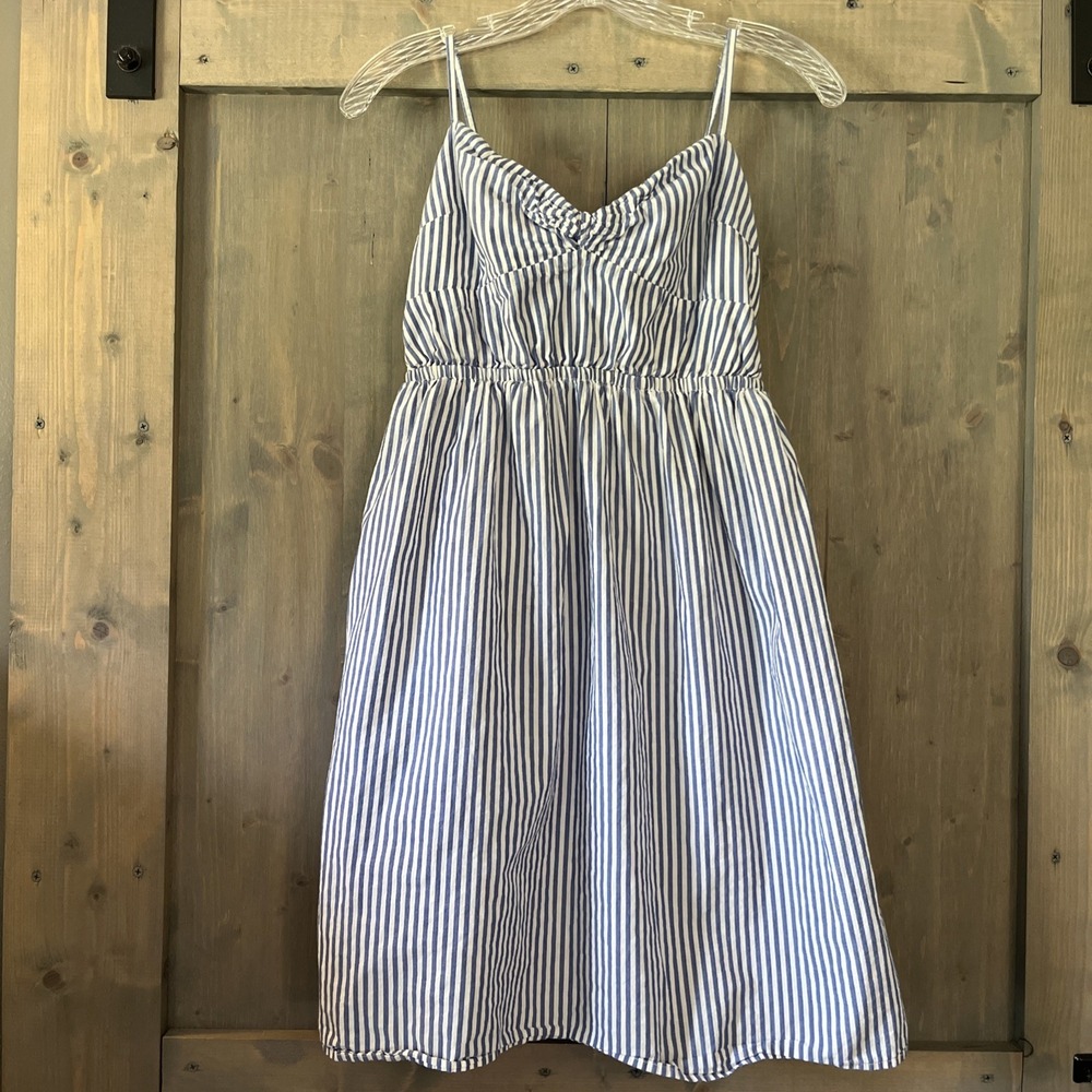 J. Crew Sundress Size 6 Blue White Striped Mini 100% Cotton Lined Beach Boho